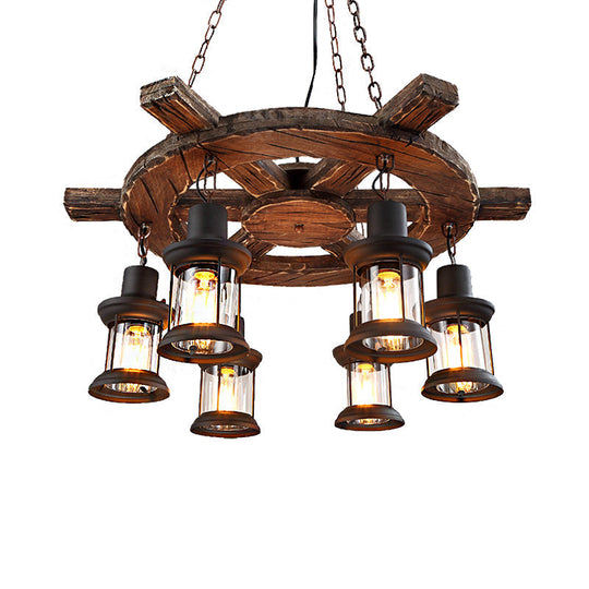 Coastal Metal Lantern Chandelier: 6-Light Black Pendant Lamp With Wooden Rudder Décor