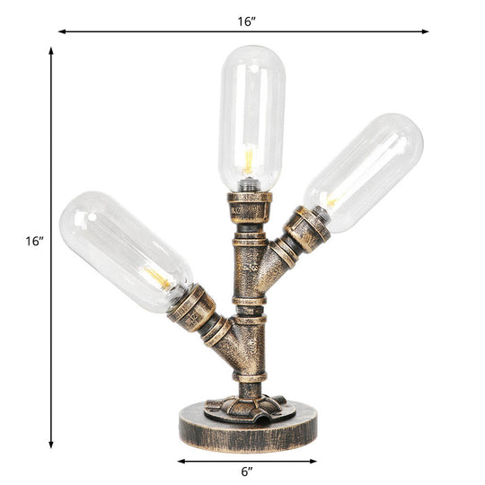 Industrial Amber/Clear Glass Capsule Led Table Lamp - Aged Bronze 3 Bulbs Perfect Nightstand Light