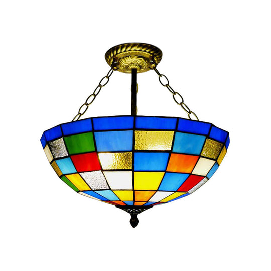 Vintage Tiffany Stained Glass Dome Ceiling Light - Antique Brass Chandelier