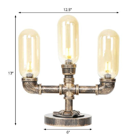 Industrial Amber/Clear Glass Capsule Led Table Lamp - Aged Bronze 3 Bulbs Perfect Nightstand Light