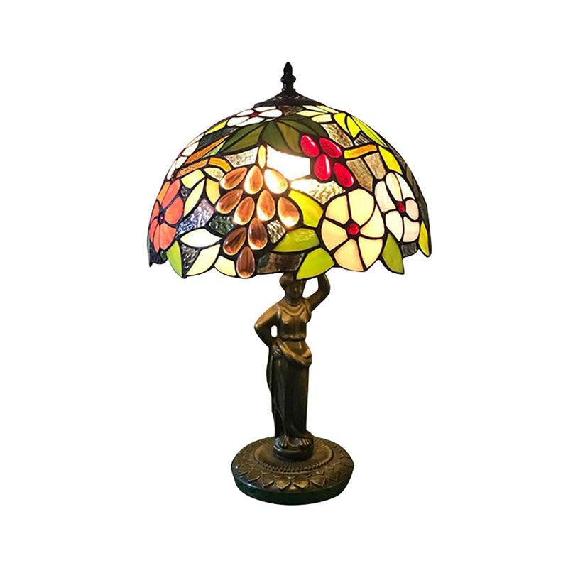 Tiffany Stained Glass Desk Lamp With Bird/Grape/Flower Pattern And Working Women Base - Ideal For