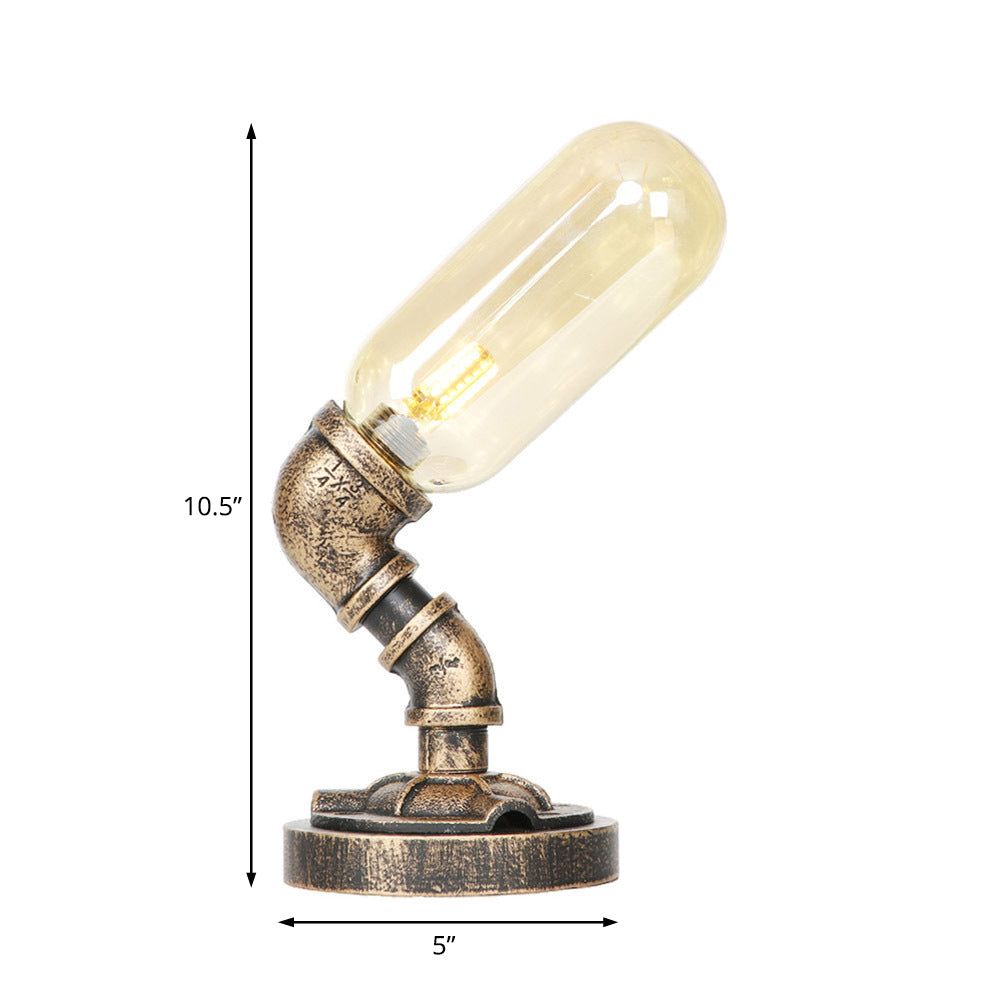 Industrial Amber/Clear Glass Led Night Light With Metal Base - Capsule Bedroom Table Lamp