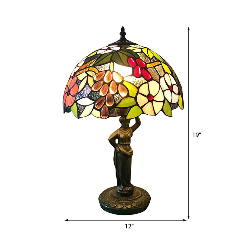 Tiffany Stained Glass Desk Lamp With Bird/Grape/Flower Pattern And Working Women Base - Ideal For