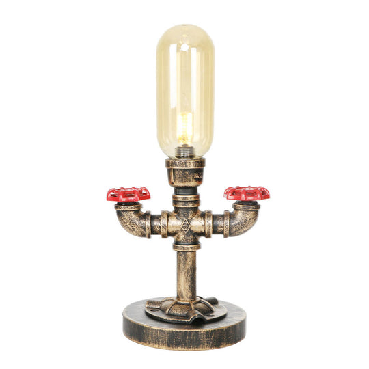 Industrial Brass Table Light With Pipe Metal Base - Clear/Amber Glass Nightstand Lamp For Teahouse