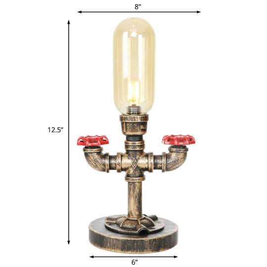 Industrial Brass Table Light With Pipe Metal Base - Clear/Amber Glass Nightstand Lamp For Teahouse