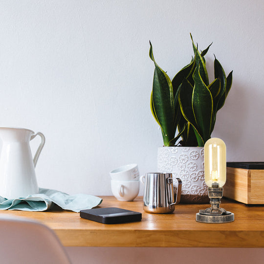 Industrial Brass Table Light With Pipe Metal Base - Clear/Amber Glass Nightstand Lamp For Teahouse