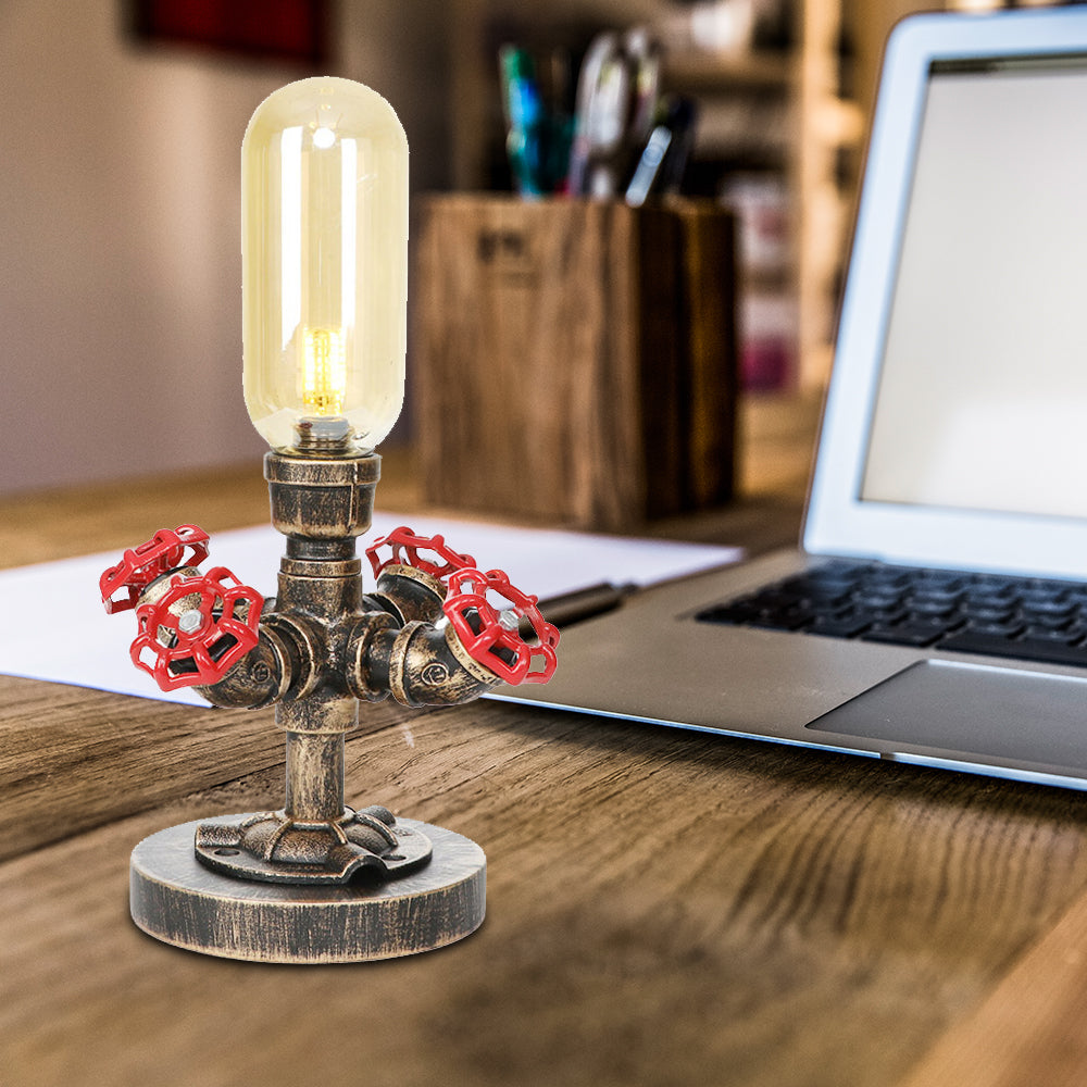 Industrial Brass Table Light With Pipe Metal Base - Clear/Amber Glass Nightstand Lamp For Teahouse