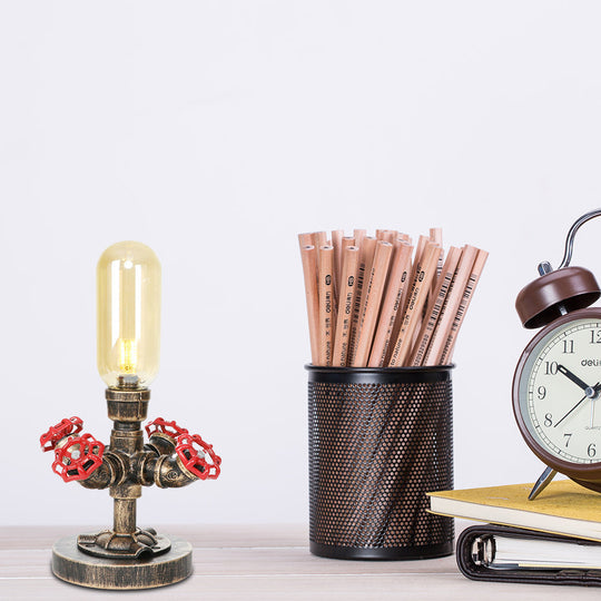 Industrial Brass Table Light With Pipe Metal Base - Clear/Amber Glass Nightstand Lamp For Teahouse