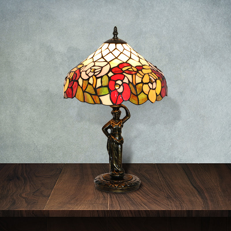 Tiffany Stained Glass Desk Lamp With Bird/Grape/Flower Pattern And Working Women Base - Ideal For