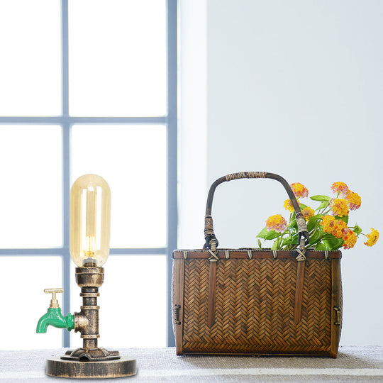 Industrial Brass Table Light With Pipe Metal Base - Clear/Amber Glass Nightstand Lamp For Teahouse