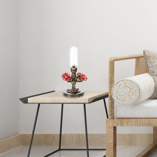 Industrial Brass Table Light With Pipe Metal Base - Clear/Amber Glass Nightstand Lamp For Teahouse