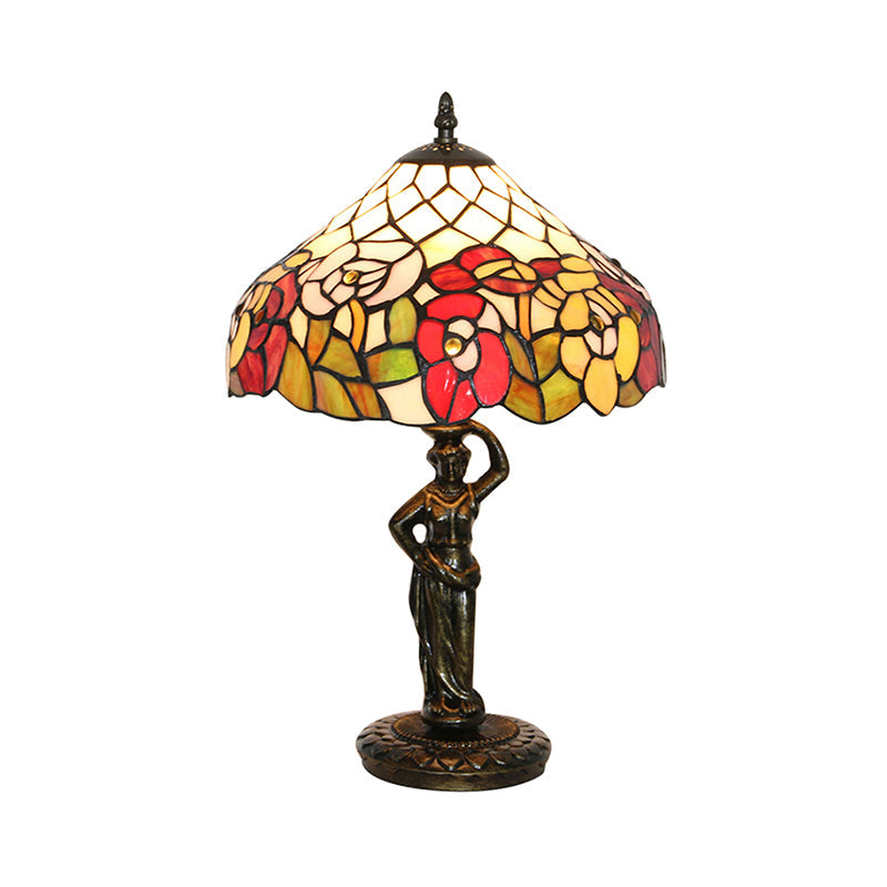 Tiffany Stained Glass Desk Lamp With Bird/Grape/Flower Pattern And Working Women Base - Ideal For