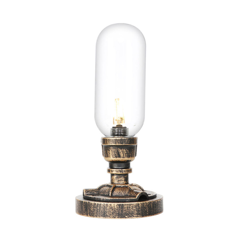 Industrial Brass Table Light With Pipe Metal Base - Clear/Amber Glass Nightstand Lamp For Teahouse