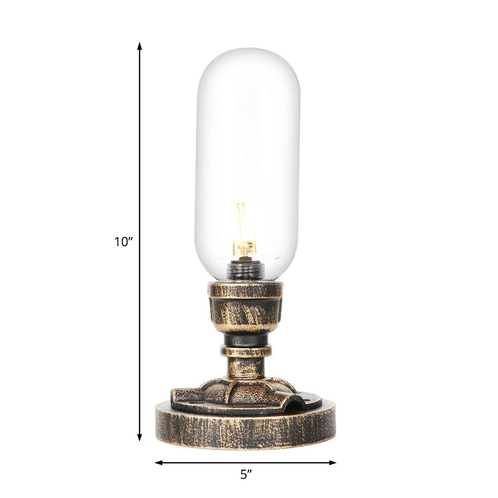 Industrial Brass Table Light With Pipe Metal Base - Clear/Amber Glass Nightstand Lamp For Teahouse