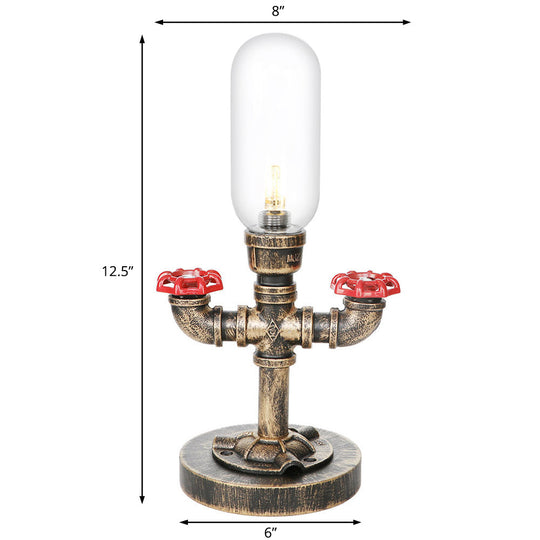 Industrial Brass Table Light With Pipe Metal Base - Clear/Amber Glass Nightstand Lamp For Teahouse