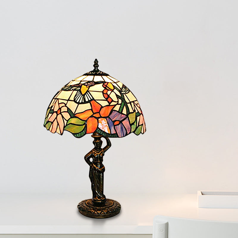 Tiffany Stained Glass Desk Lamp With Bird/Grape/Flower Pattern And Working Women Base - Ideal For