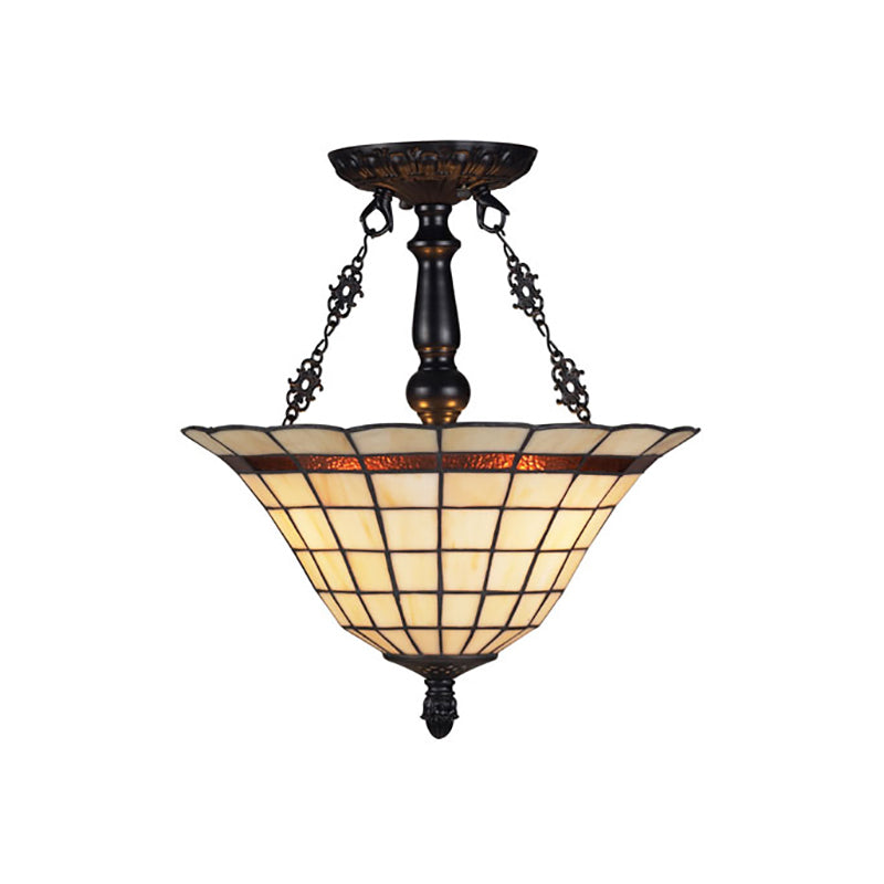 Tiffany Antique Glass Bell Chandelier – Beige Inverted Pendant Light for Restaurants