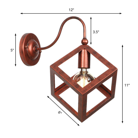 Vintage Metal Wall Sconce With Gooseneck Arm & Black/Rust Finish - Cube Cage Bedroom Lighting