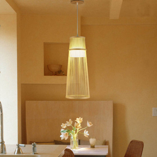 Beige Conical Drop Lamp - Asian Style Bamboo Hanging Ceiling Light For Living Room