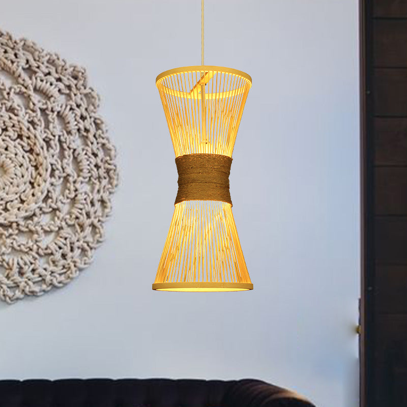 Asian Style Bamboo Hourglass Hanging Lamp - Single Bulb Beige Pendant Light