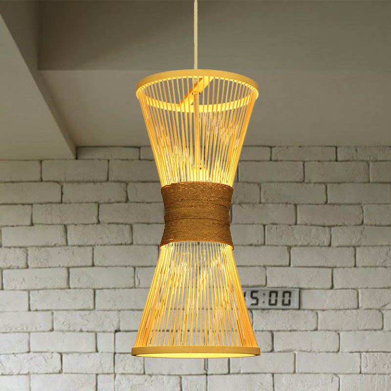 Asian Style Bamboo Hourglass Hanging Lamp - Single Bulb Beige Pendant Light