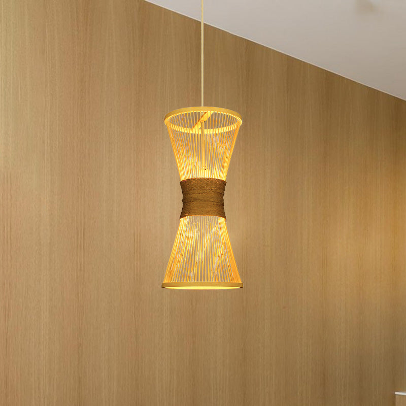 Asian Style Bamboo Hourglass Hanging Lamp - Single Bulb Beige Pendant Light