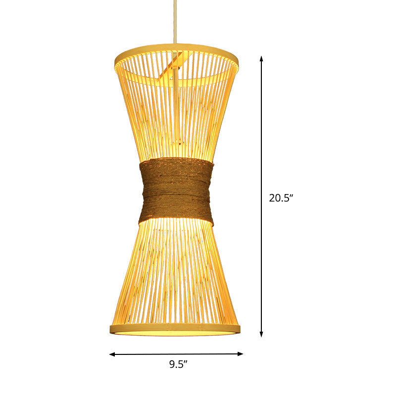 Asian Style Bamboo Hourglass Hanging Lamp - Single Bulb Beige Pendant Light