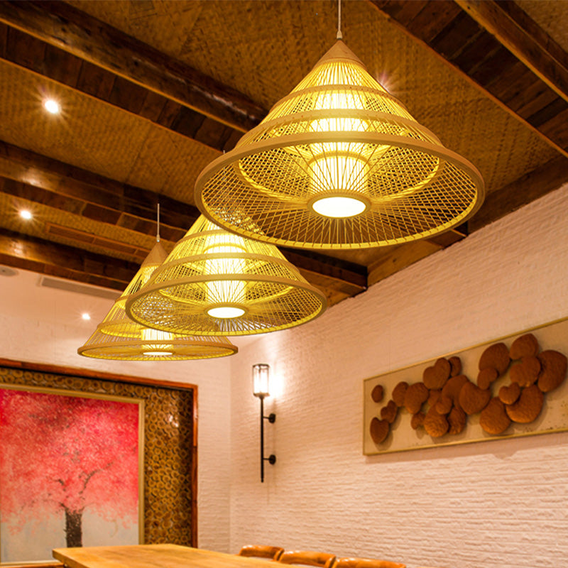 Beige Asian Style Pendant Light With Bamboo Shade - Single Head Ceiling Fixture For Wide Flare