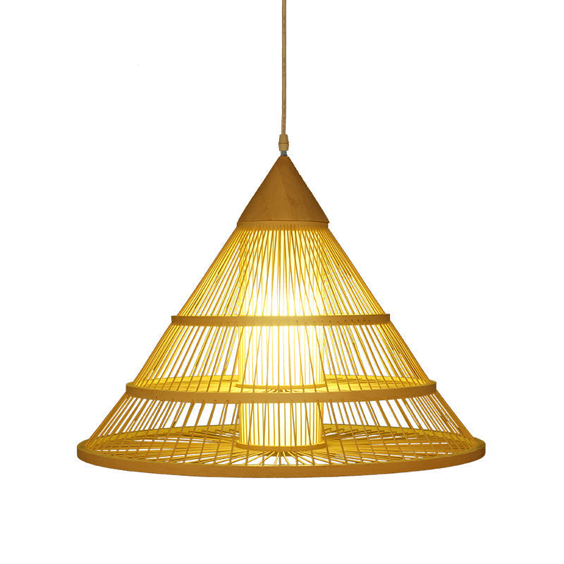 Beige Asian Style Pendant Light With Bamboo Shade - Single Head Ceiling Fixture For Wide Flare