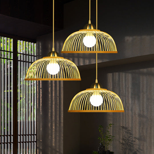 Asian Style Bamboo Dome Pendant Light For Tearoom - Single Bulb Beige