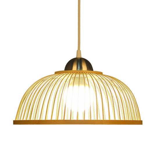 Asian Style Bamboo Dome Pendant Light For Tearoom - Single Bulb Beige