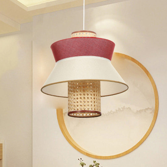 Pink Flared Rattan Hanging Ceiling Lamp - Asian Inspired Single Bulb Suspension Light Kit For Dining