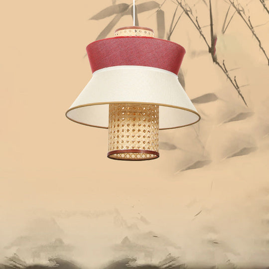 Pink Flared Rattan Hanging Ceiling Lamp - Asian Inspired Single Bulb Suspension Light Kit For Dining