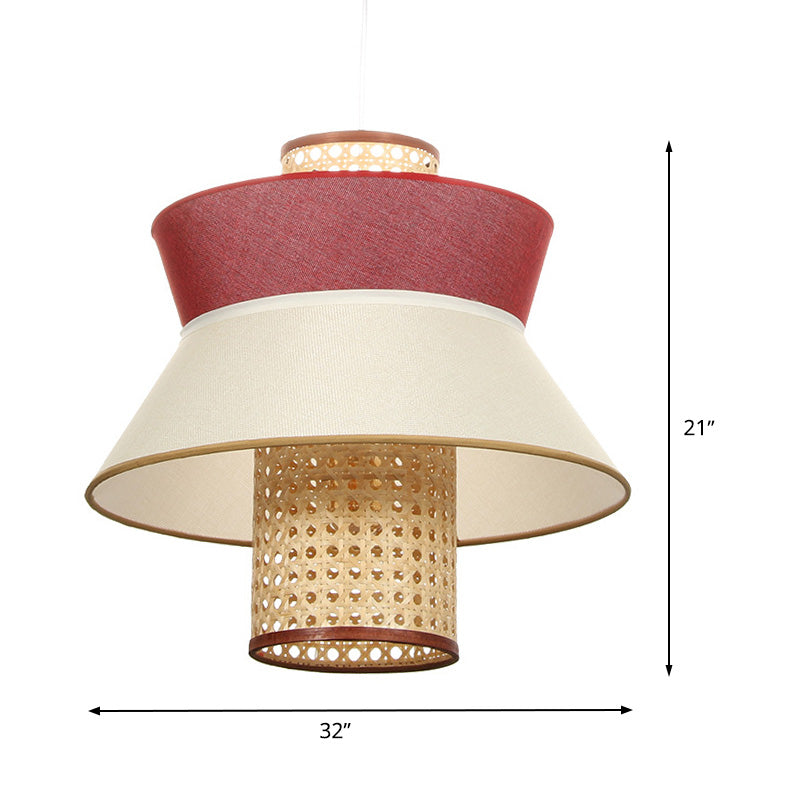 Pink Flared Rattan Hanging Ceiling Lamp - Asian Inspired Single Bulb Suspension Light Kit For Dining