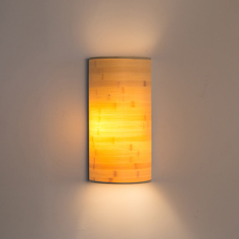 Bamboo Wood Asian Style Wall Mount Lamp With 2 Bulbs - Half-Round Sconce For Hallway Lighting