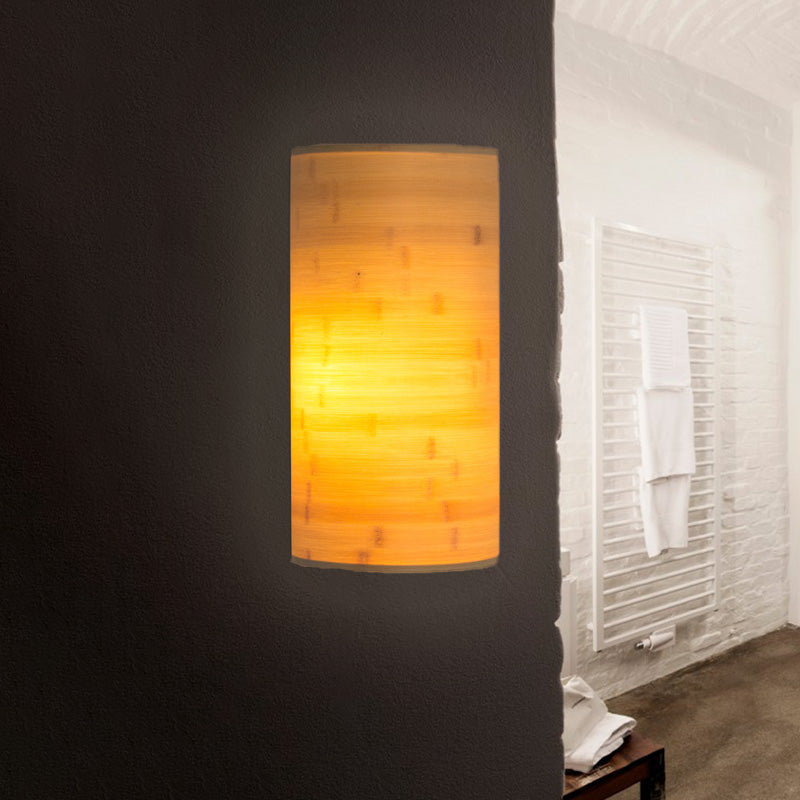 Bamboo Wood Asian Style Wall Mount Lamp With 2 Bulbs - Half-Round Sconce For Hallway Lighting