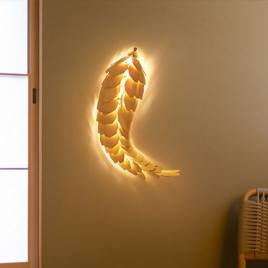 Wooden Fish Shaped Wall Lamp: Asian Style Single Bulb Beige Mount Lighting For Restaurants Wood