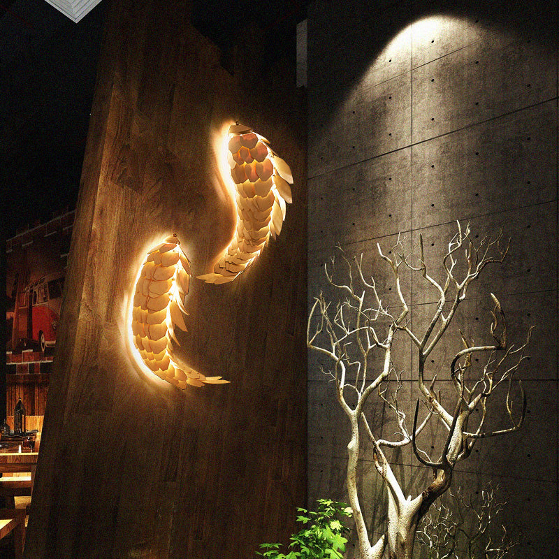 Wooden Fish Shaped Wall Lamp: Asian Style Single Bulb Beige Mount Lighting For Restaurants