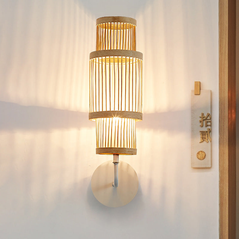 Asian Style Bamboo Wall Lamp Cylinder Fixture Single Bulb Wood Lighting With Curved Arm Ideal For