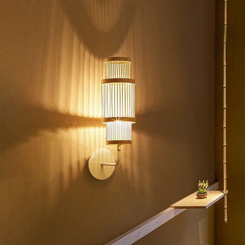 Asian Style Bamboo Wall Lamp Cylinder Fixture Single Bulb Wood Lighting With Curved Arm Ideal For