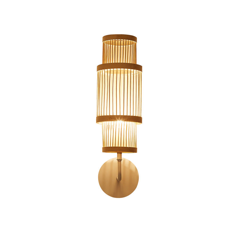 Asian Style Bamboo Wall Lamp Cylinder Fixture Single Bulb Wood Lighting With Curved Arm Ideal For