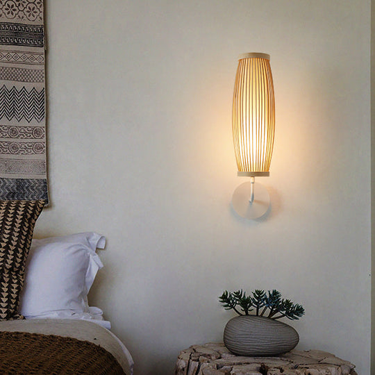 Beige Ellipsoid Wall Lamp Sconce: Asian Style Bamboo Lighting For Bedroom