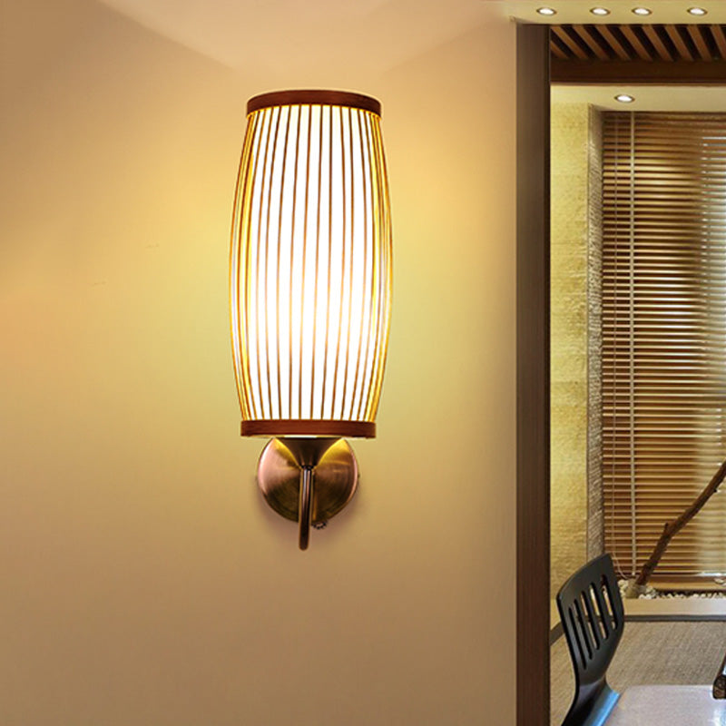 Asian Style Bamboo Barrel Sconce Wall Lamp With Parchment Shade - Single Head Beige Finish