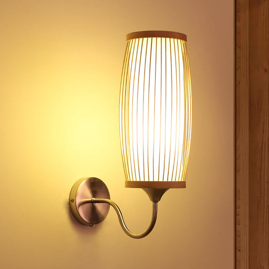 Asian Style Bamboo Barrel Sconce Wall Lamp With Parchment Shade - Single Head Beige Finish