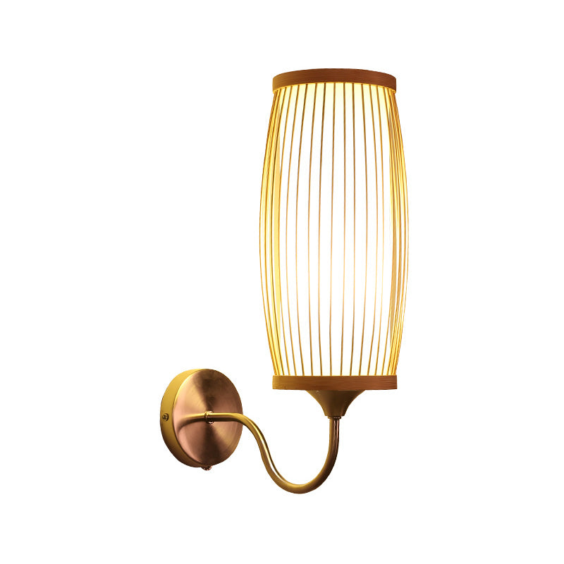 Asian Style Bamboo Barrel Sconce Wall Lamp With Parchment Shade - Single Head Beige Finish