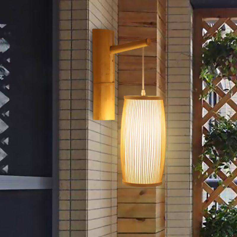 Asian-Style Wooden Wall Lamp With Bamboo Shade For Hallways