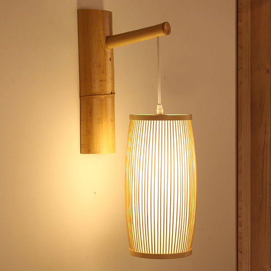 Asian-Style Wooden Wall Lamp With Bamboo Shade For Hallways Wood