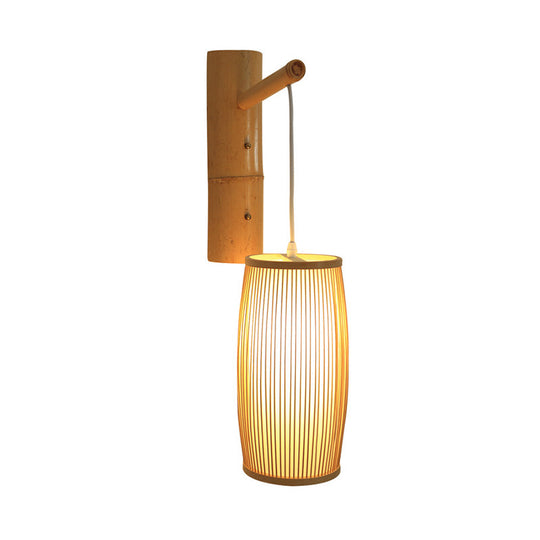 Asian-Style Wooden Wall Lamp With Bamboo Shade For Hallways