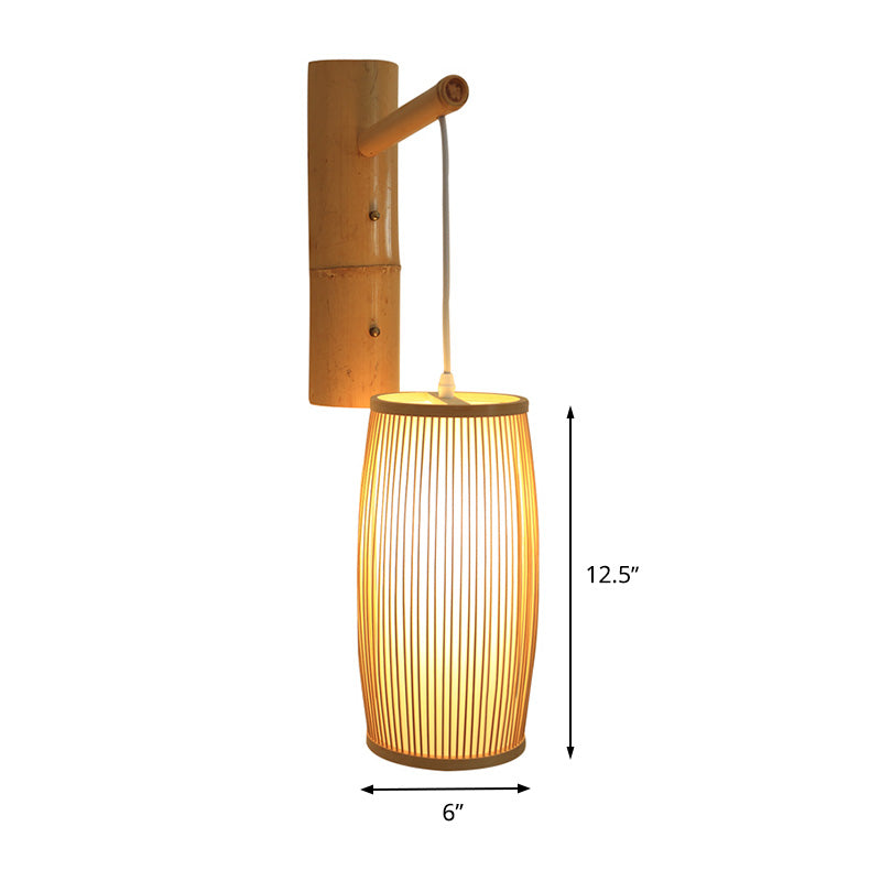 Asian-Style Wooden Wall Lamp With Bamboo Shade For Hallways