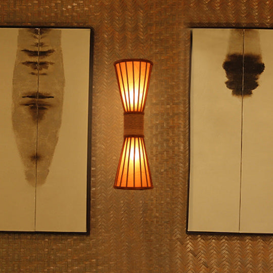 Asian Style Wall Mounted Bamboo Lamps With 2 Heads For Restaurants: Red Brown Hourglass Design